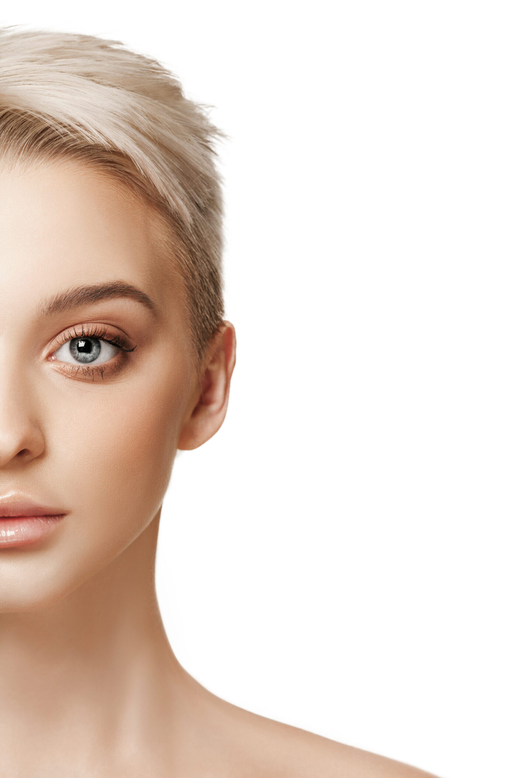 The beautiful female face. The perfect and clean skin of face on white. The beauty, care, skin, treatment, health, spa, cosmetic concept