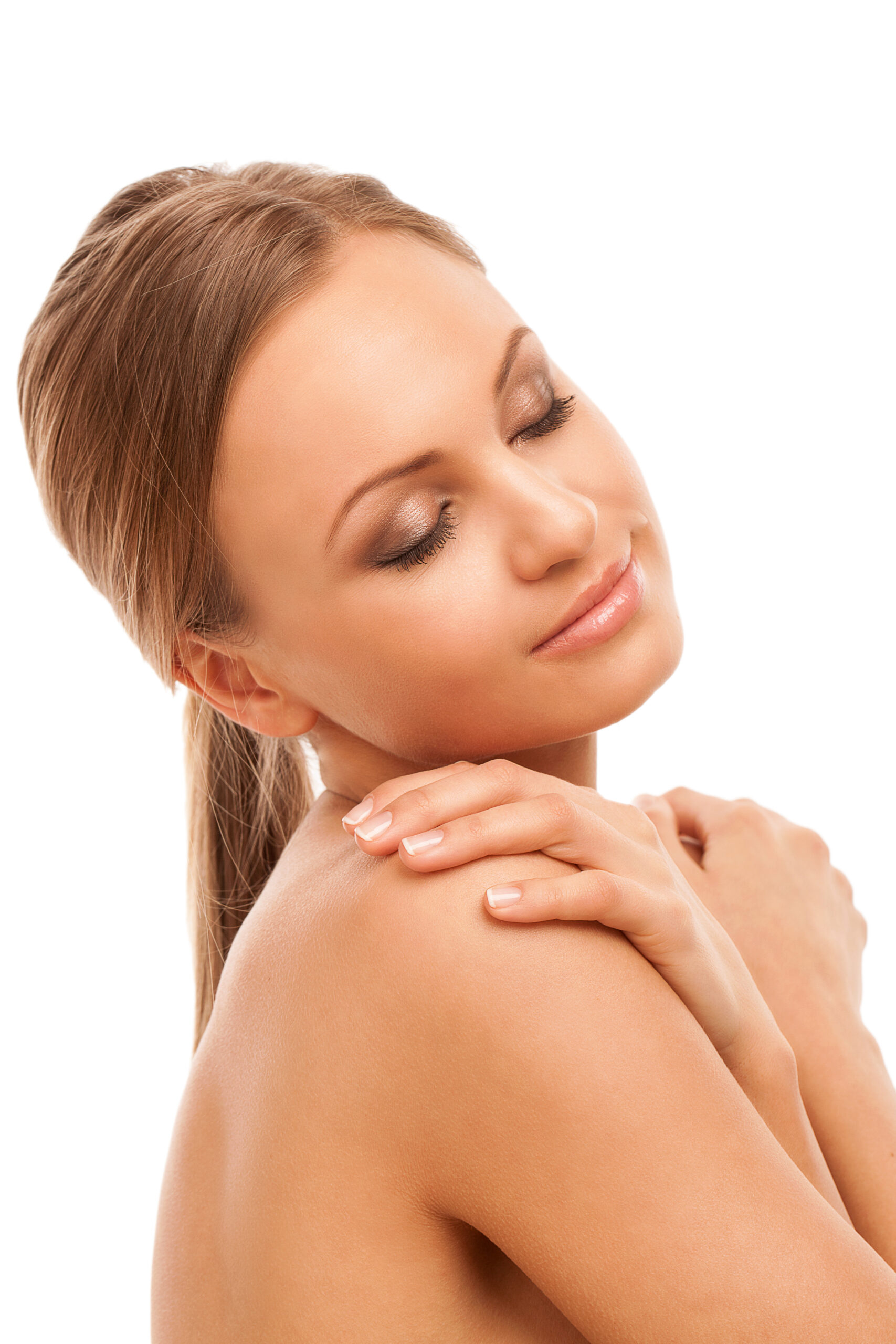 Beautiful young caucasian woman with natural makeup isolated over white background