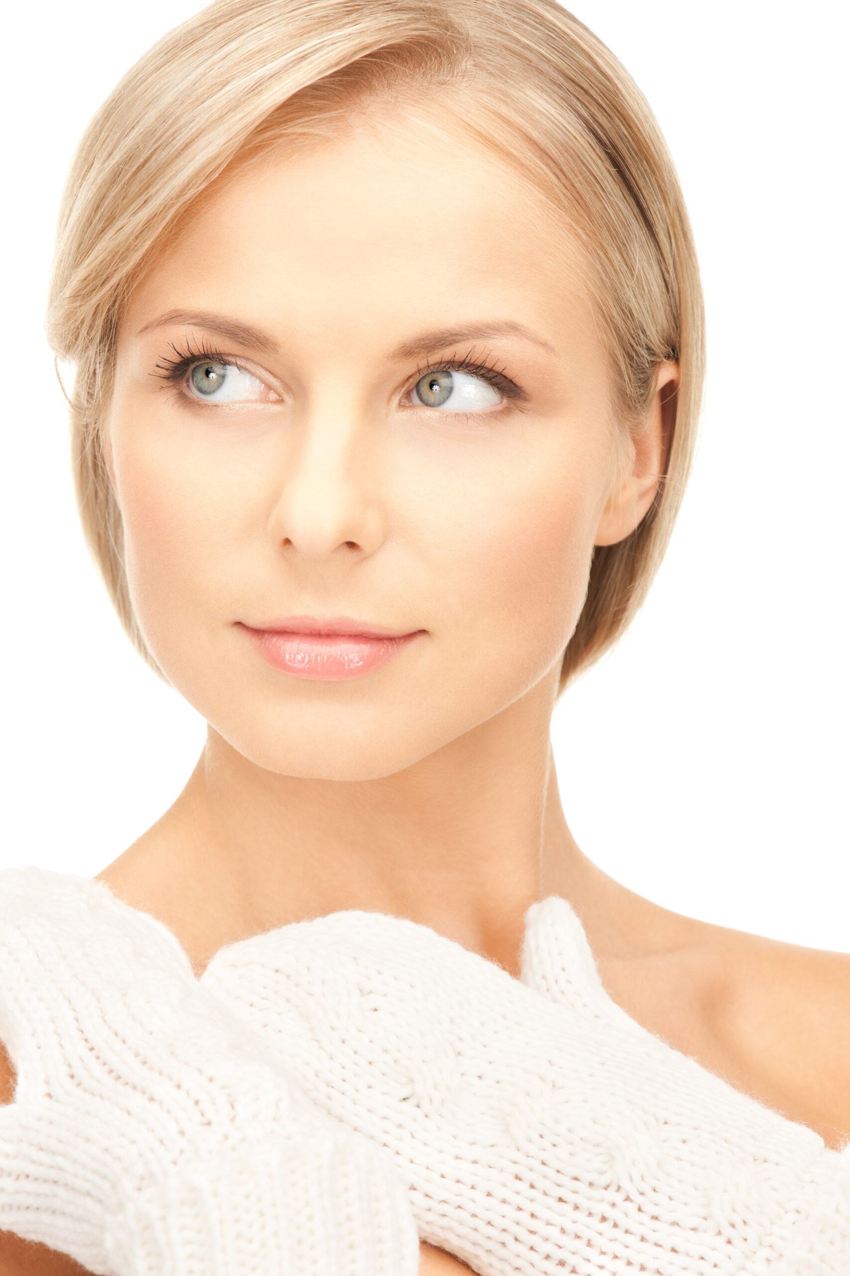 picture of beautiful woman in white mittens